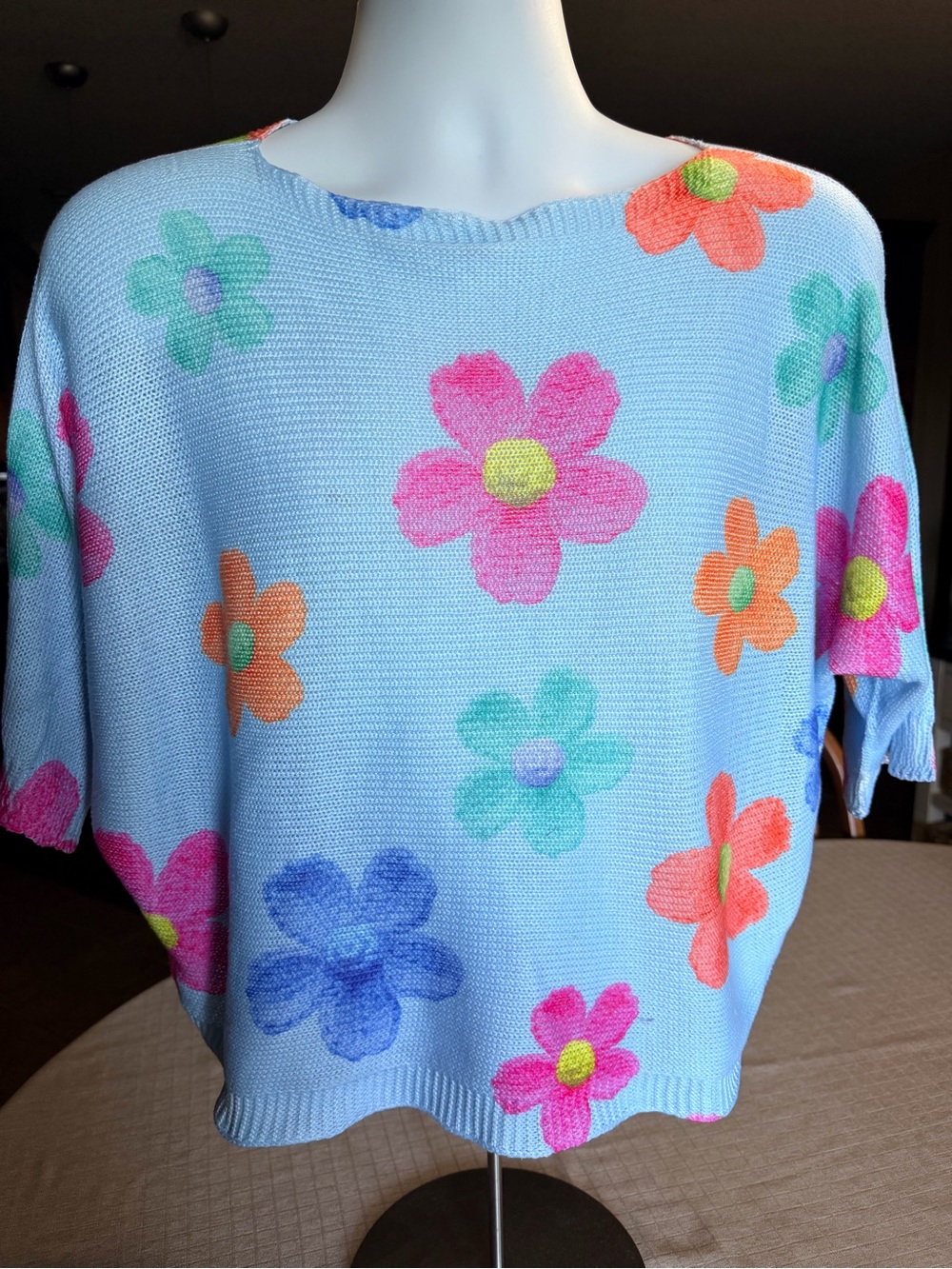 Light Blue Floral Scoop-Neck Knit Sweater